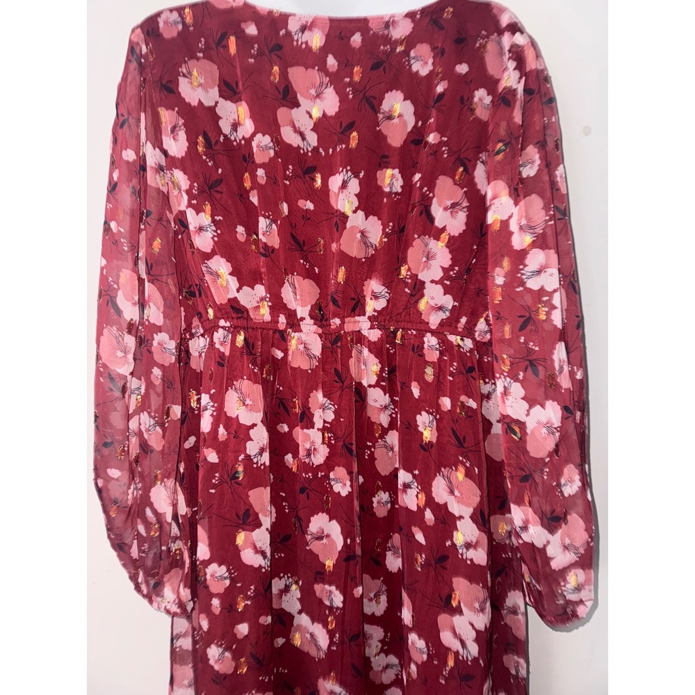 Floral Midi Dress Long Sleeve V Neck Ruffle Hem Burgundy‎ M - Picture 9 of 11
